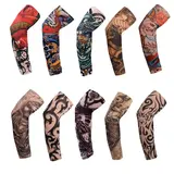 Unisex 10-Piece Tattoo Style Arm Sleeves Cover - UV Protection Sports Sleeves, Stretchy Fitness Support, Cooling, Breathable, Easy Movement, One Size, Shields from Sun, Maintains Natural Color, Versatile Outdoor Sports Use