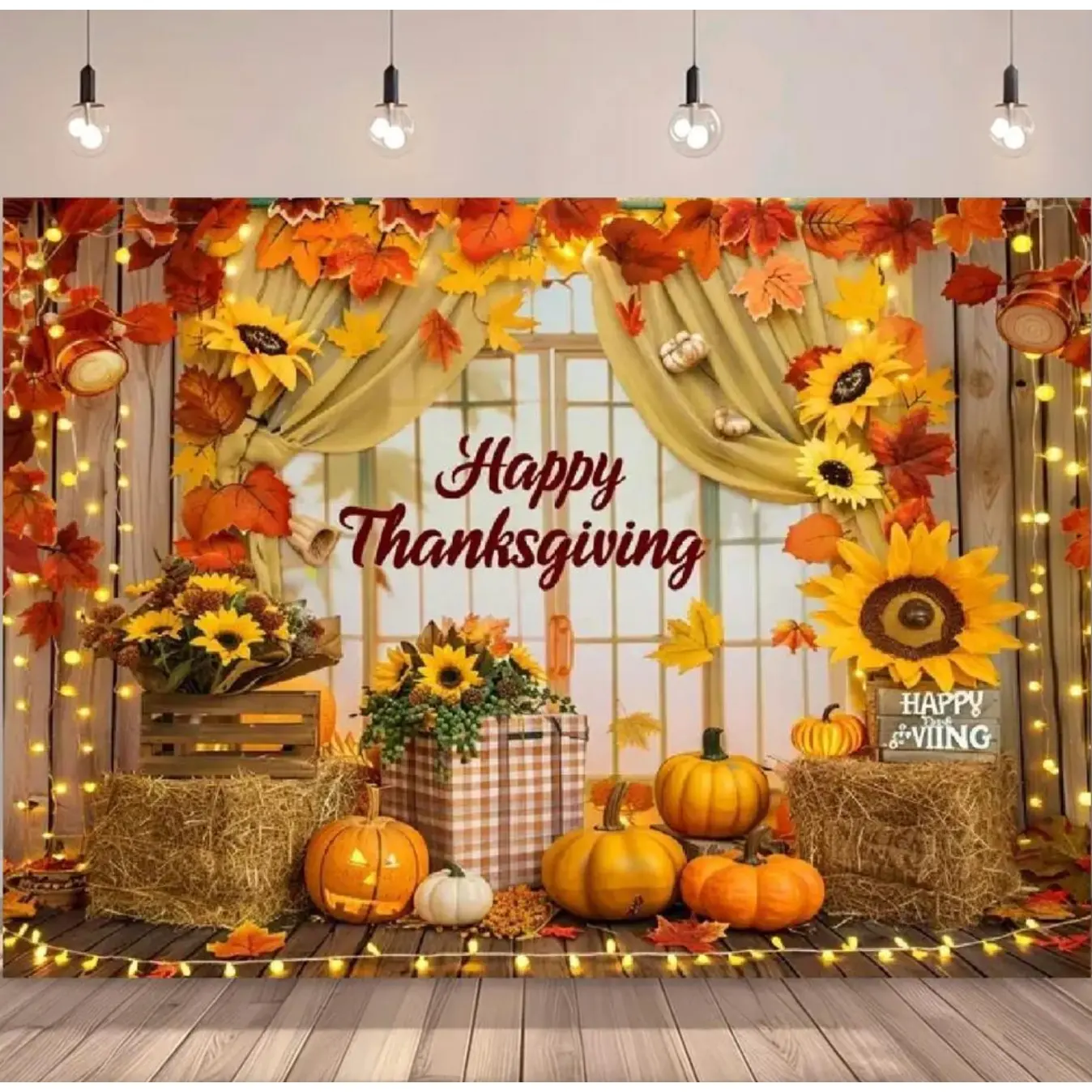 Rustic Thanksgiving Backdrop Tapestry - Light Cotton-Linen Print, Strong Full Width Flat Polyester Decor with Brown Wood, Sunflowers, Haystack, Pumpkin Designs for Party Decor, Indoor/Outdoor Photography Backgrounds