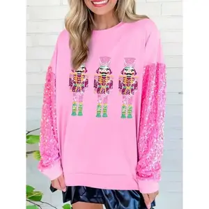 Women's Christmas Sequin Nutcracker Pattern Pullover Full Sequin Long Sleeve Loose Fit Curvy Sweater Sweatshirt Pink Polyester Festive Casual Top