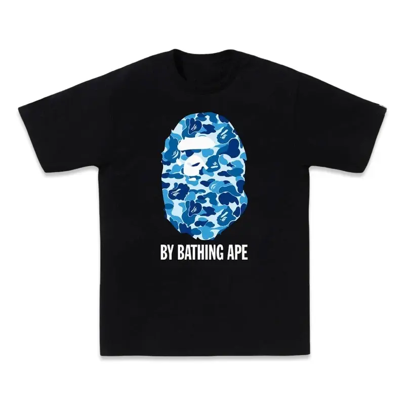 Trendy Aesthetic Short Sleeve Crew Neck Casual Streetwear T-Shirt with Iconic Ape Head Graphic and Sky Blue Camouflage Pattern