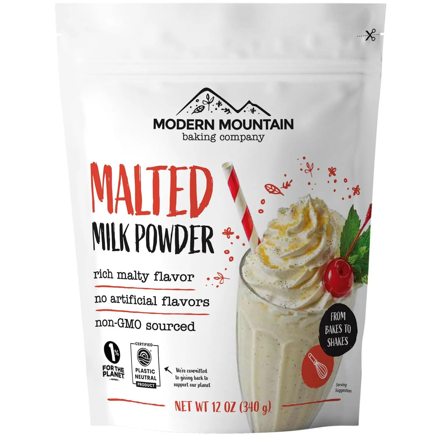 Malted Milk Powder (12 oz) Malt Powder for Milkshakes, Ice Cream, Baking, & Cookies, Rich Malt Flavor, Premium Quality, Non-GMO Sourced, No Artificial Flavors, Real Malt Flavoring