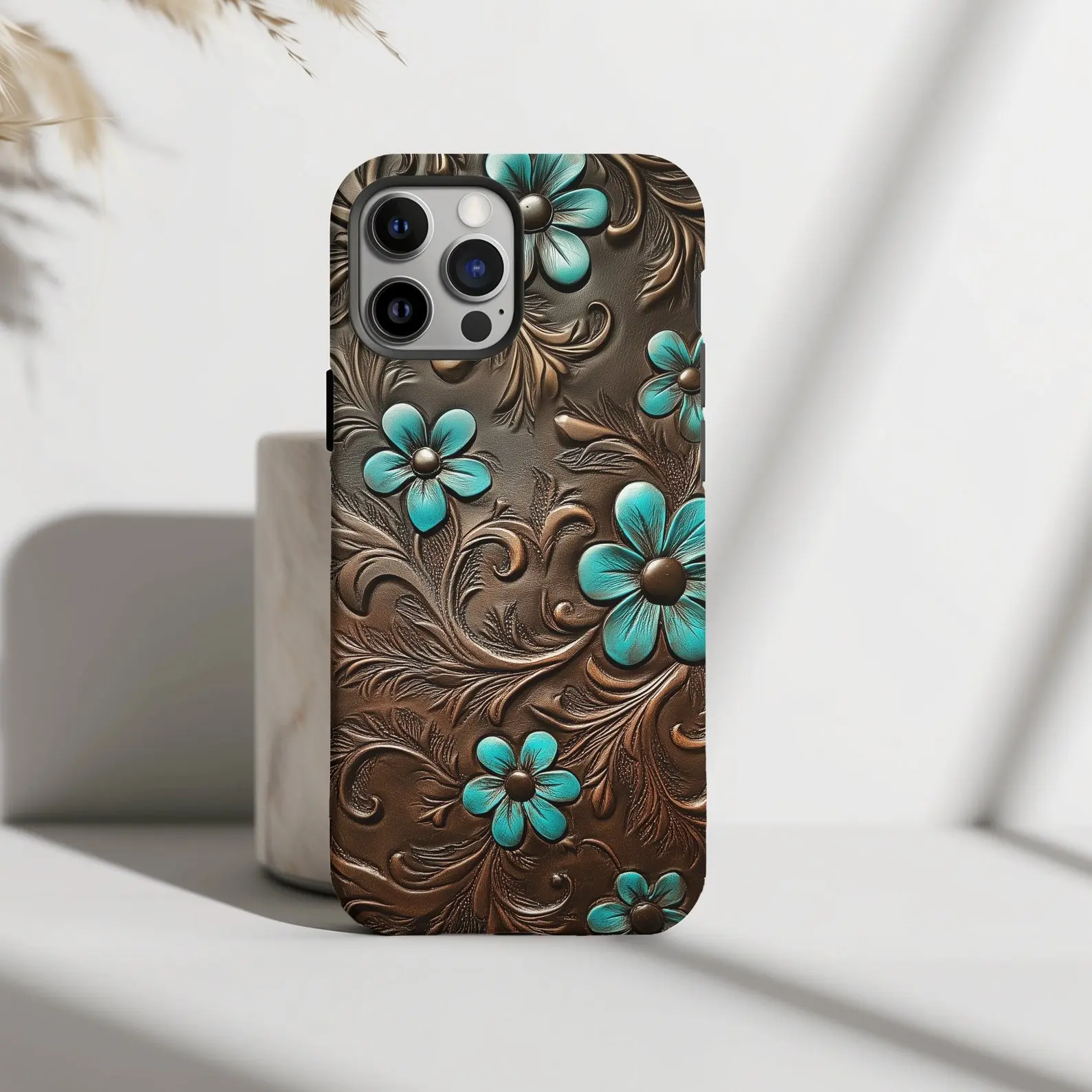 Western Tooled Leather Phone Case | Boho Cowgirl Aesthetic Turquoise Floral Design for Apple iP Phone 16, 15, 14, 13, 12, 11, Pro, Max, Plus, X, XR, XS, 8, 7, SE