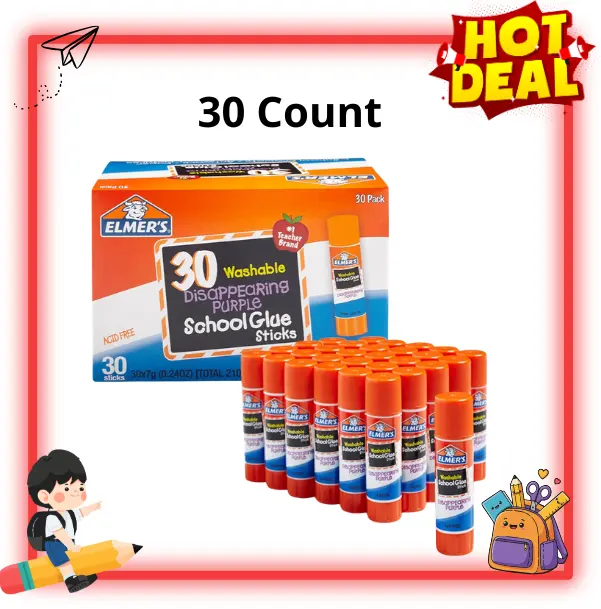 Disappearing Purple Glue Sticks, 30 Count Pack, Washable School Glue Sticks, Back to School Supplies for Students, Teachers, Classrooms & Crafts
