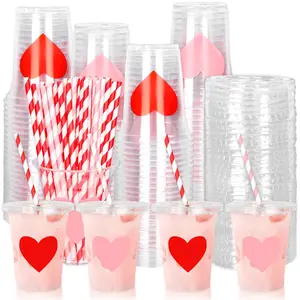 20/40sets Valentine's Day Plastic Cups with Lids and Straws,PINK，RED Heart Design Disposable Party Cups for Valentine's Day Party Decorations, Romantic Date Supplies, Plastic Clear Cups