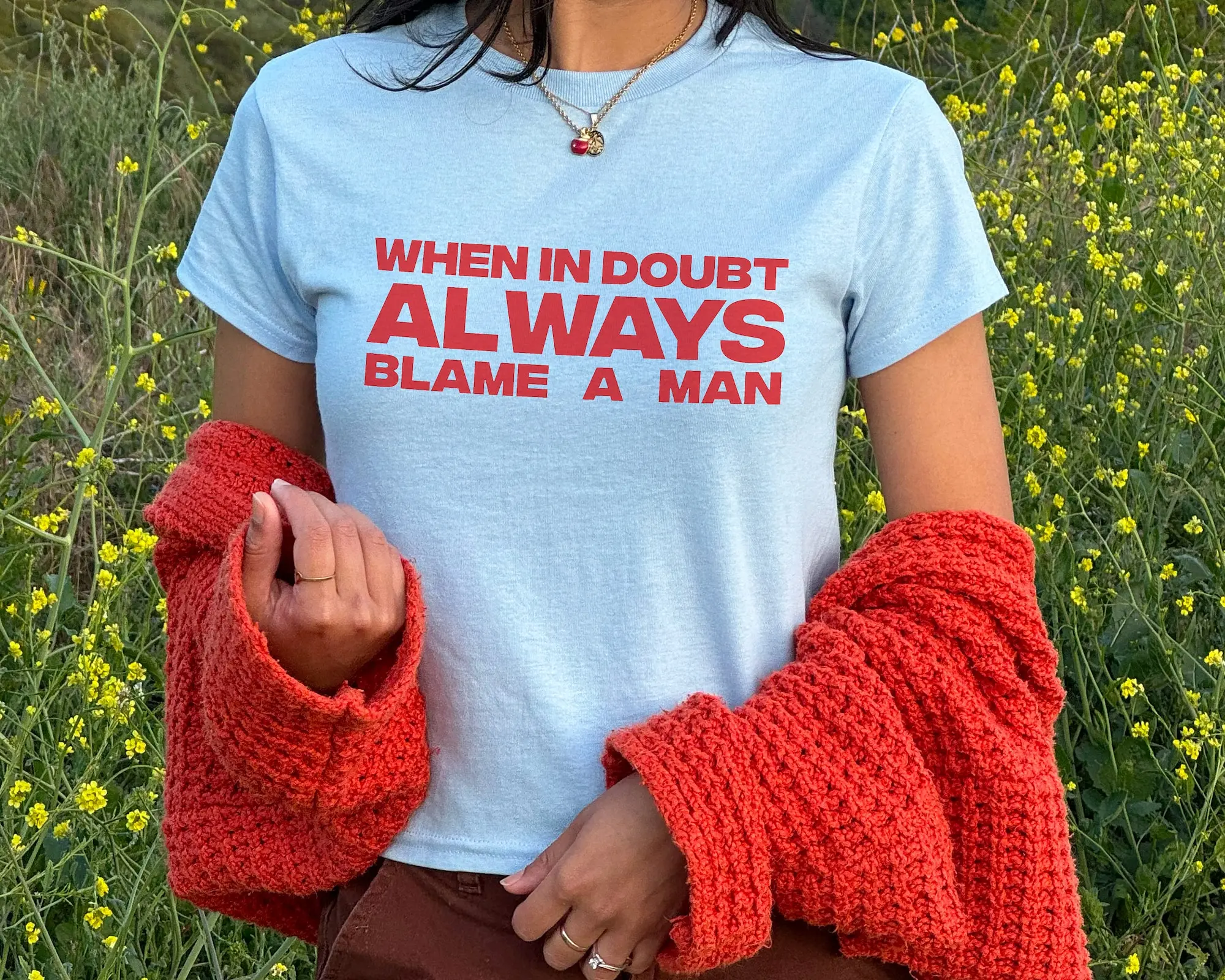 When In Doubt Always Blame A Man Baby Tee Y2K Style, y2k graphic tee, 2000s clothing, pinterest aesthetic, y2k slogan Tee