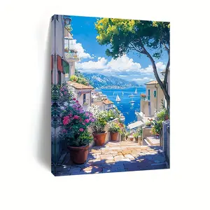 2D Flat, One Piece of a Wooden-Framed Canvas Artwork Featuring a Beautiful Oil Painting of Italian Scenery with Flowers And Pots, Suitable for Wall Decoration, an Ideal Holiday Present for Anyone, And Comes Ready to Hang