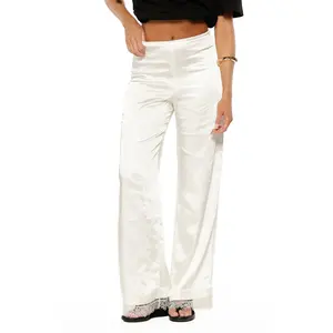 Orla Ivory Satin Straight Leg Lace Trim Pants