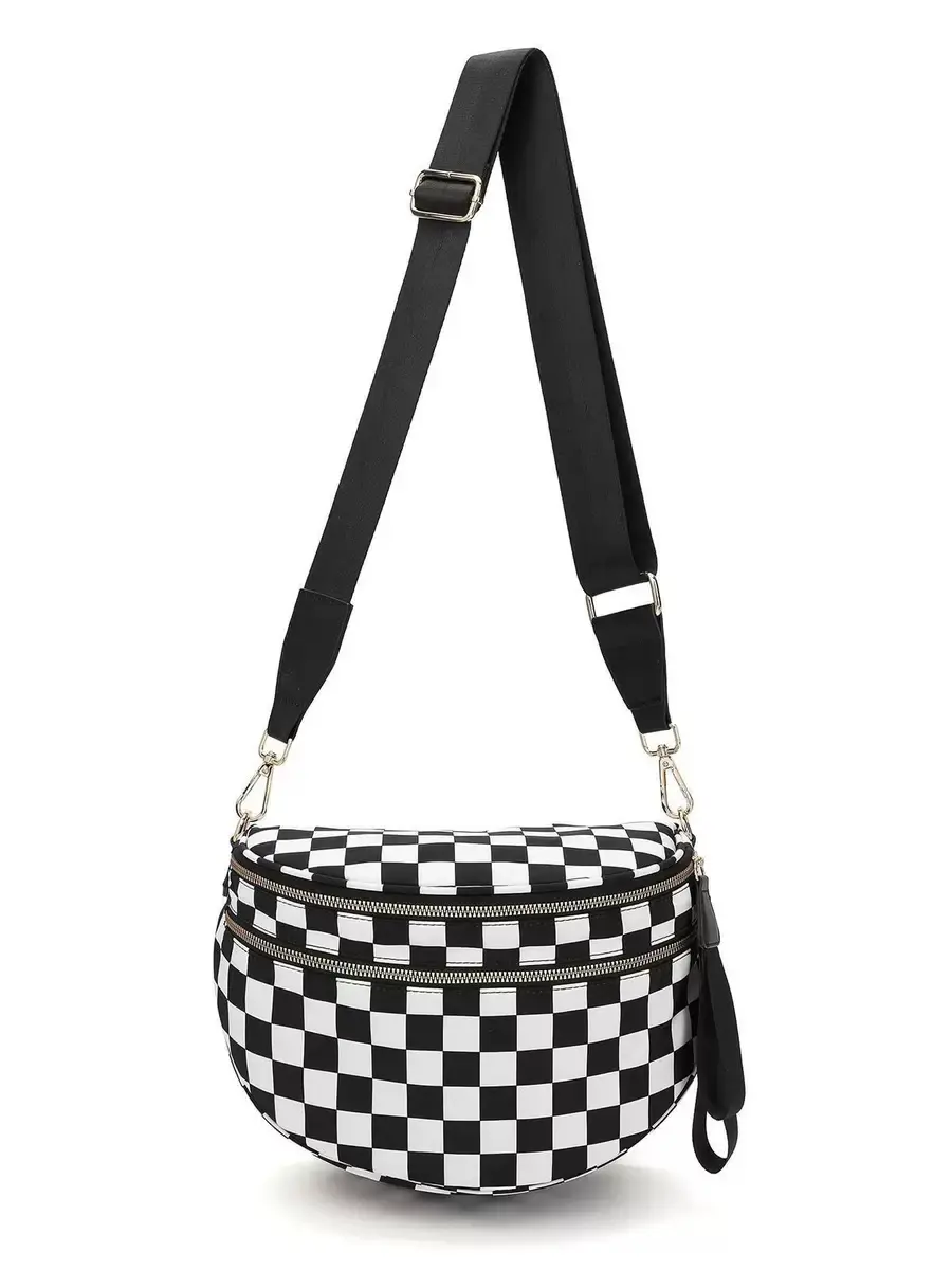 Women's Bold Checkerboard Crescent Crossbody Bum Bag - Adjustable Wide Detachable Shoulder Strap, Nylon Sling Chest Waist Bag, Multi-Zipper Pockets for Travel, Sports, Daily Use (Hot Pink-Light Pink, Lavender-White)