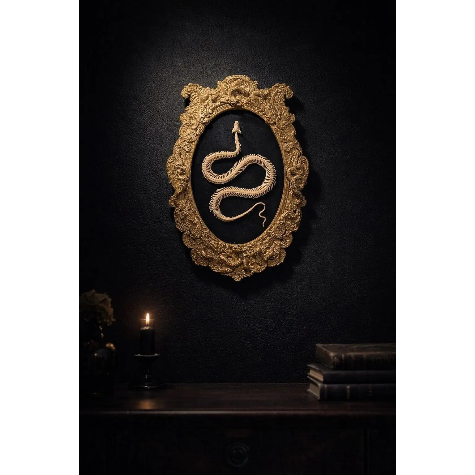 Baroque Serpent Reliquary – Custom Framed Snake Skeleton Wall Art