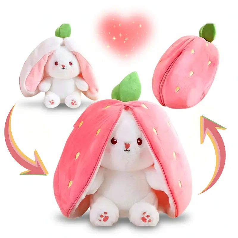 [No light] Strawberry Bunny Plush Toy Soft Kawaii Perfect for Cuddling Gifting or Decorating Your Bed Shelf Ultra Soft Fabric - Stuffed Animal