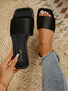 Plus Size Slide Sandals, Spring Summer New Black Square Toe Flat Sandals, Pair With Dresses To Make Legs Look Longer, Fashionable Sandals, Beautiful Girls Summer Beach Slip On Non-Slip Slippers