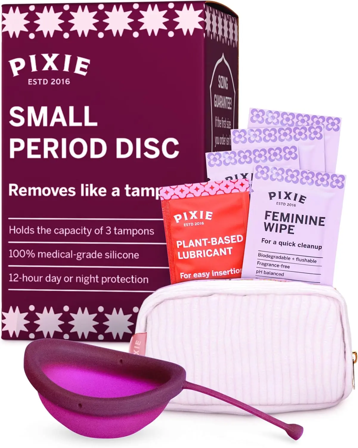 Pixie Menstrual Disc for Feminine Care - Ranked 1 for Best Tampon Alternative Period Disc - 100% Medical-Grade Silicone - Removes Like a Tampon - Wear 12 Hours - Capacity of 3 Tampons (Small, Plum)