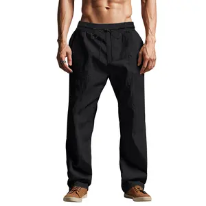 Men's Casual Linen Pants, Loose Fit Straight Leg Long Pants, Elastic Drawstring Waist, Breathable Summer Beach Yoga Trousers