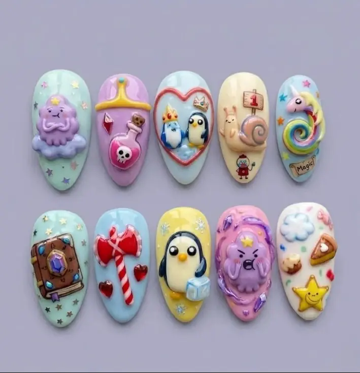 Handmade Adventure Time Press On Nails, 3D Cartoon Custom Fake Nails, Whimsical Fantasy Aesthetic Design, Kawaii Character Art Nail Box