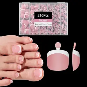 216pcs French Tip Press on Toenails Short Square，OPkssnails Pink Toe Nail Press On, Pre-Designed Soft Gel Toe Nail Tips, Soak off Acrylic Fake Toe Nail Extensions 12 Sizes