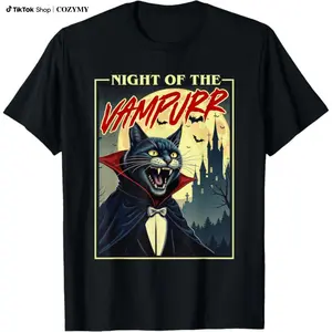 Night Of The Vampurr - Spooky Cat Vampire Halloween Ghoul Men Women  T-Shirt Graphic Tee Cute Graphic Tee