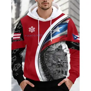 Men's Hooded Sweatshirt with Puerto Rican Flag & Spanish Culture Design, Colorblock, Casual Streetwear, Fabric