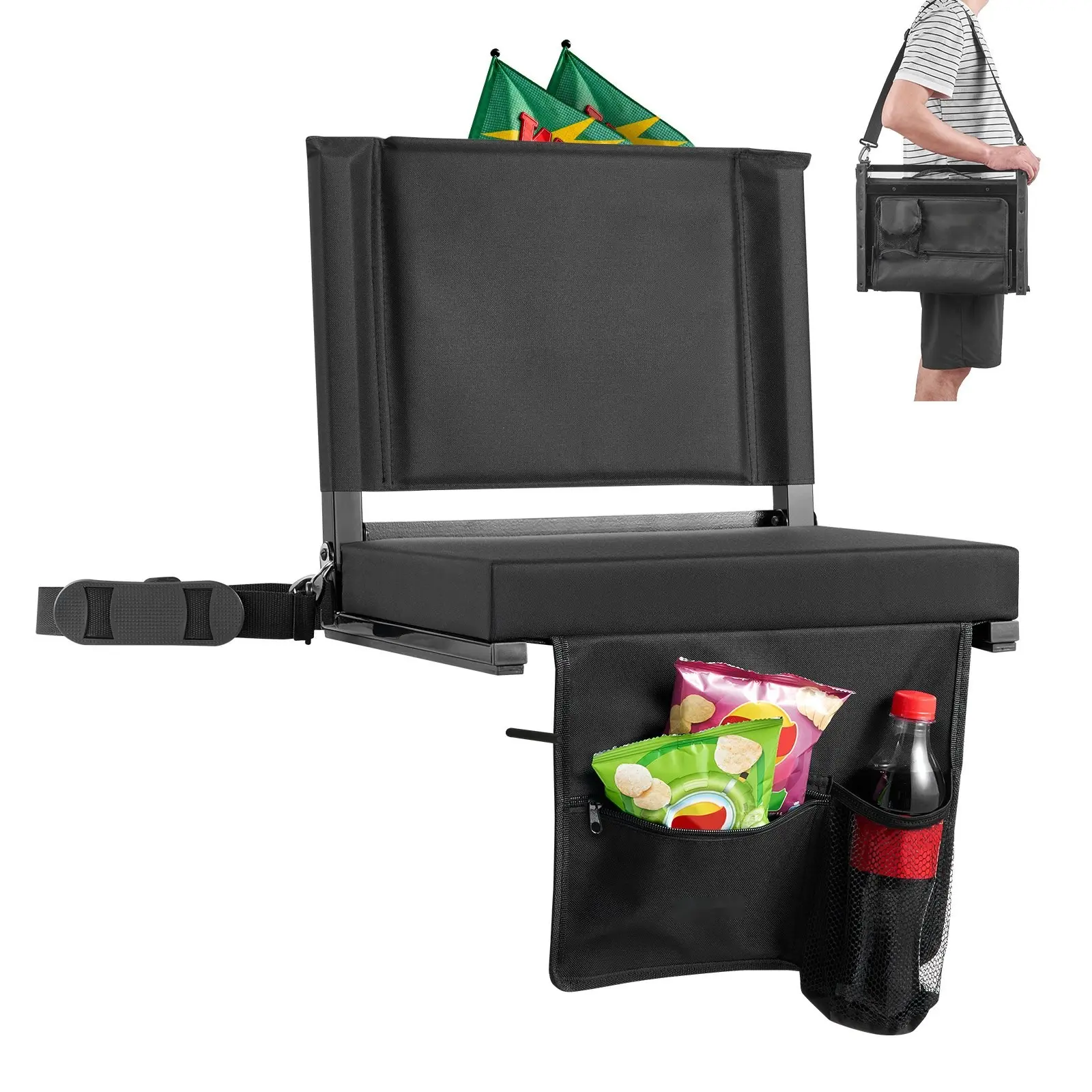 Stadium Seat, Folding Bleacher Chair With Back Support And Thick Cushioned Pad, Padded Bleacher Seat For Bleachers With Shoulder Strap, Hooks, Cup Holder, Side Pocket, Carry Handle, And Non Slip Base, Black