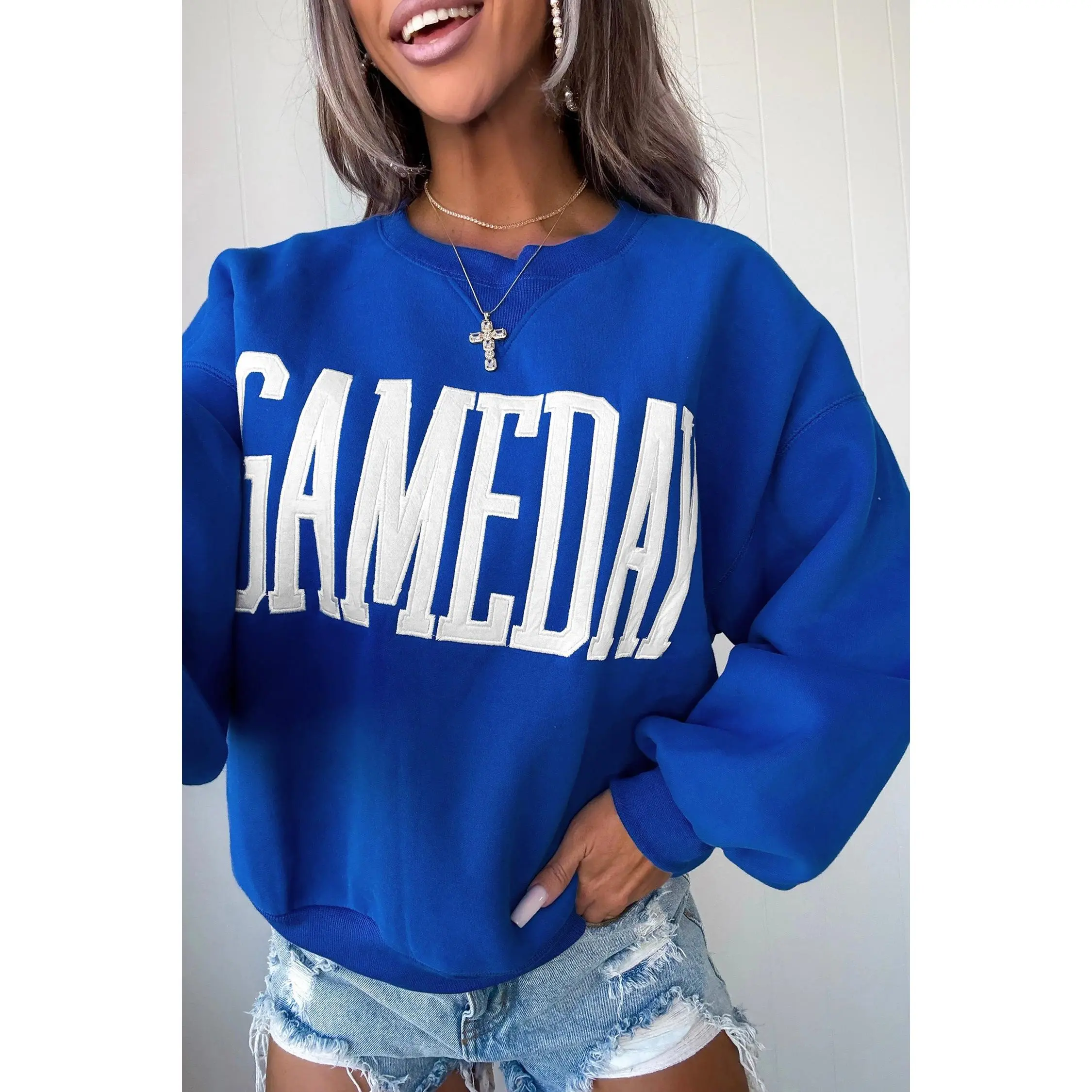 Sky Blue GAMEDAY Embroidered Patch Pattern Casual Shift Sweatshirt
