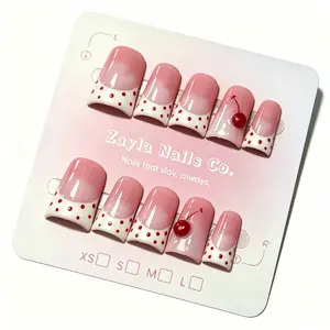 Amazon Hot Sell handmade Cherry Flare Duck bill Feet Press On Nails art set , y2k style Short square French Tip Fake Nails with Red Polka Dots, Nude Pink Glossy Acrylic Nails, Reusable Glue On Nails for Women diy nail art false nail