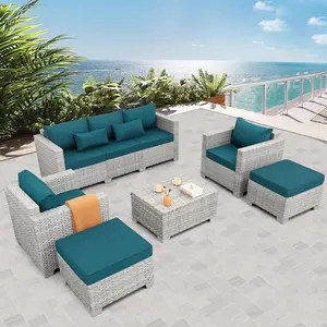 Grey Wicker Outdoor Conversation Set, 6 Piece Weather Resistant PE Rattan Sectional Sofa with Storage Table and Peacock Blue Cushions for Backyard