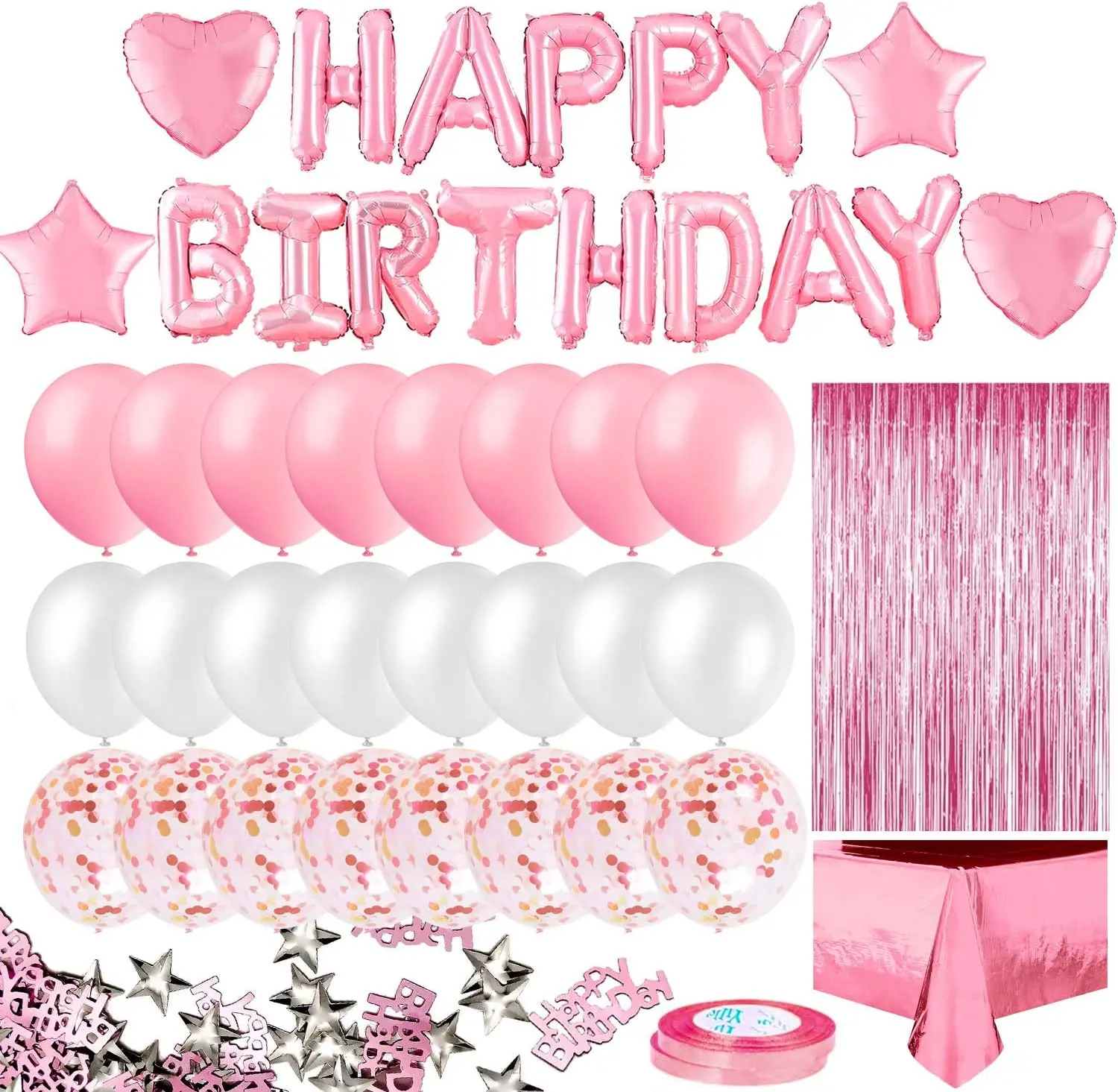 Pink Birthday Party Decoration, Happy Birthday Banner, Rose  Fringe Curtain, Foil Tablecloth, Heart  Foil Confetti Balloons, 10g Table Confetti for Women Girl Birthday Party