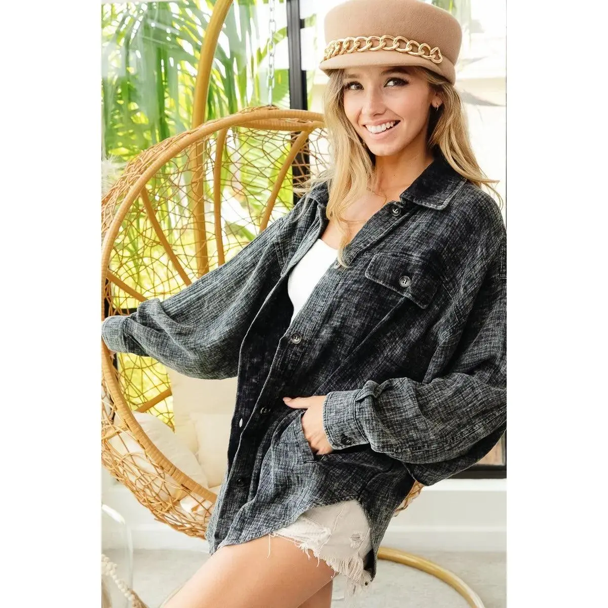 BiBi Vintage Washed Wrinkle Gauze Shacket