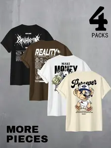 🧸💸4 Pack Cyber Y2K & Hustle Culture Graphic Tees | Deathcore Streetwear & Persevere Teddy Bear Fitted T-Shirts | Multi-Design Urban Tops