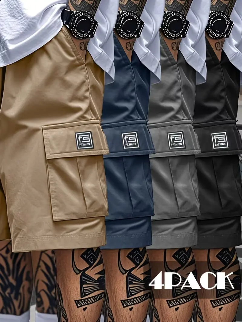 4pcs Men's Workwear Shorts with Multi Pocket Design, Men's Loose, Non Elastic, Solid Color Multi Pocket Work Shorts - Casual, Loose Shorts, Suitable for Casual Wear, Summer Casual Shorts, Knee Breeches