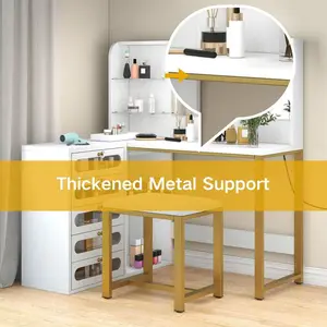 Vanity Desk Set Makeup Vanity With Mirror And Lights 3 Lighting Modes, With 5 Tempered Glass Drawers L Shape Makeup Table Stool Included Vanity Desk Set With Stool, For Women Girls