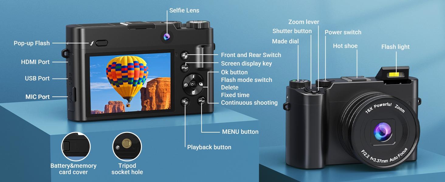 CAMKORY 4K Digital Vlogging Camera for Travel, Outdoor Photography and Vacation Videos, 64MP Camera with Dual Lens, Autofocus, Anti-Shake, 16X Zoom, 32GB Card, Two Batteries, Compact Camera for Beginners, Digital Cam, Contentcreator #SummerVibes,summervib