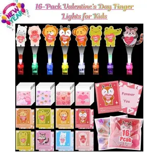 16-Pack Valentine’s Day Finger Lights for Kids, LED Classroom Valentine Cards with Bags, School Exchange Party Favors & Gifts for Boys & Girls