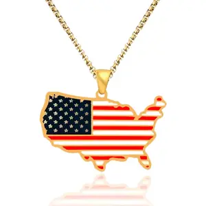 Necklace-USA-America-18k Gold Plated Enamel map Necklace for Women and men gift