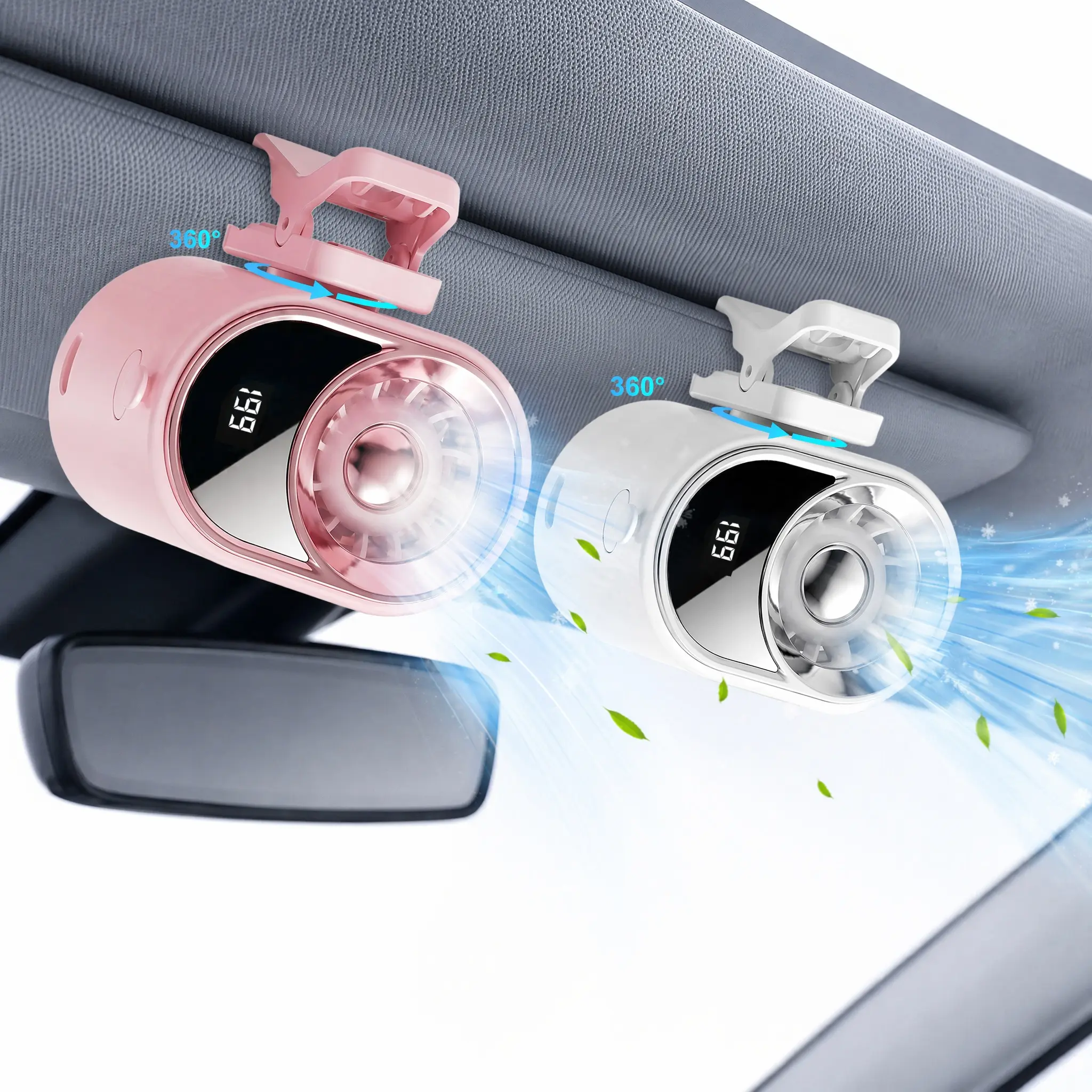Car Clip-On Mini Cooling Fan with LED Display, 360° Rotatable 4-Speed Adjustable Rechargeable Fan, USB Type-C Charging Personal Fan for Car, Stroller, Office & Camping