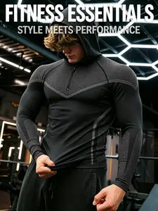 Men's Sporty Long Sleeve Hoodie, Blue Mesh Patch Half-Zip Design, High Elasticity Quick-Dry Breathable Fabric, Ideal for Gym Training