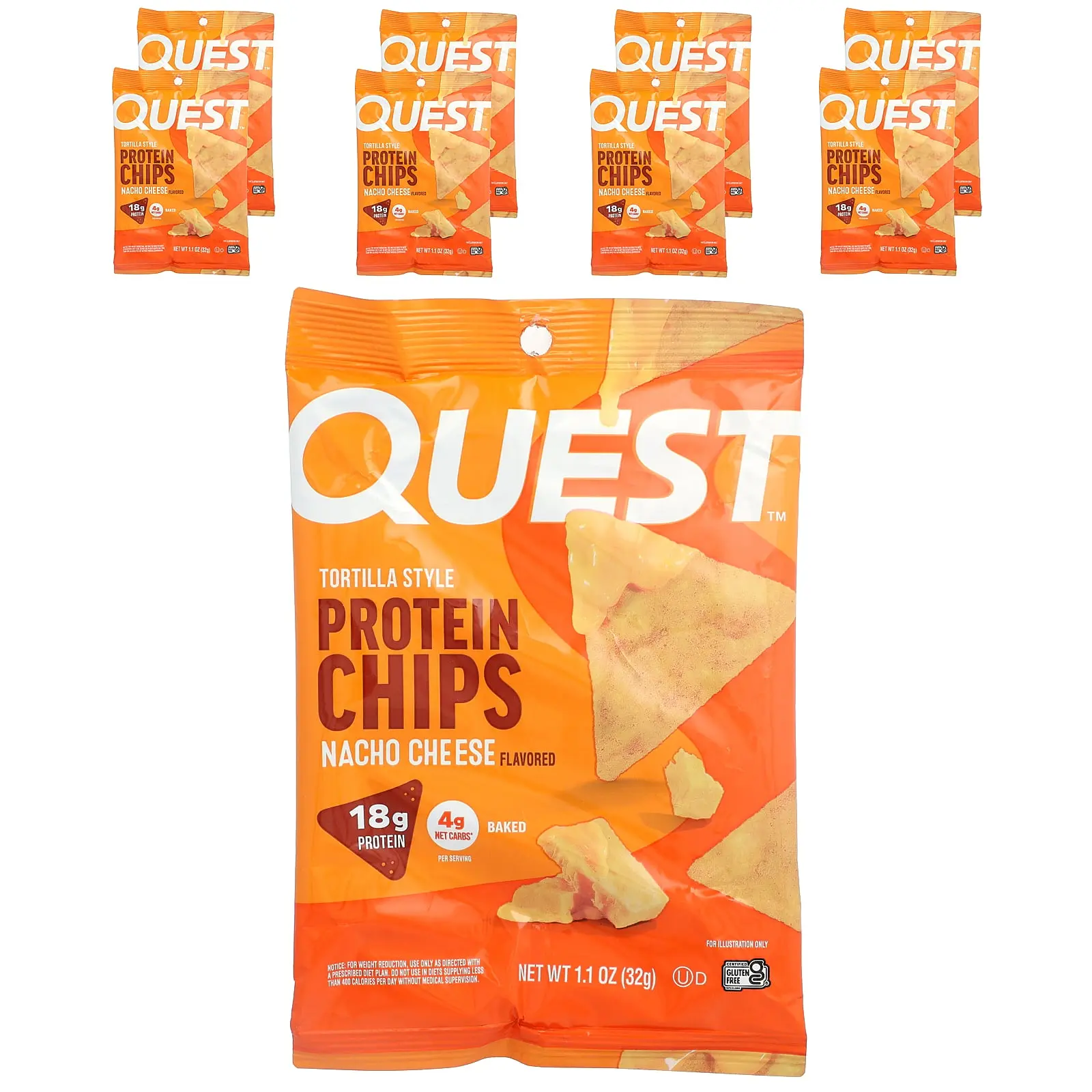 Quest Nutrition Tortilla Style Protein Chips, Nacho Cheese, 8 Bags, 1.1 oz (32 g ) Each