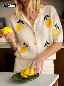 women's lemon embroidery sweater cardigan, casual short sleeve knitwear for daily wear, ladies knitting clothes for summer