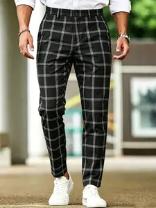 Men's Plaid Checked Suit Pants, Elastic Casual Long Trousers, Fitted Style, Suitable for Business Office and Parties, Fall & Winter Wear