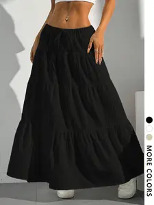 Boho Style Flowy Layered A-Line Fitted Long Dress, Fashionable Loose Waist Beach Skirt, Casual Style, Pleated Design Comfort, All Seasons, Frill