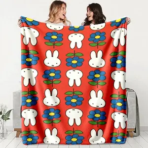 Miffy Rabbit Floral Fluffy Blanket Ultra Soft Flannel Anti Pilling Cozy Warm Bedroom Couch Sofa Nap Camping Travel Throw Decor Decorative Throw Perfect Birthday Gift Christmas Gift for Kids Teens Girls Women Kawaii Spring Style