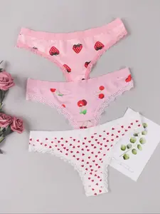 Women's Strawberry & Cherry Print Lace Trim Panty, Breathable Comfortable Knicker for Daily Wear, Women's Underwear for All Seasons, Breathable Fit Panties