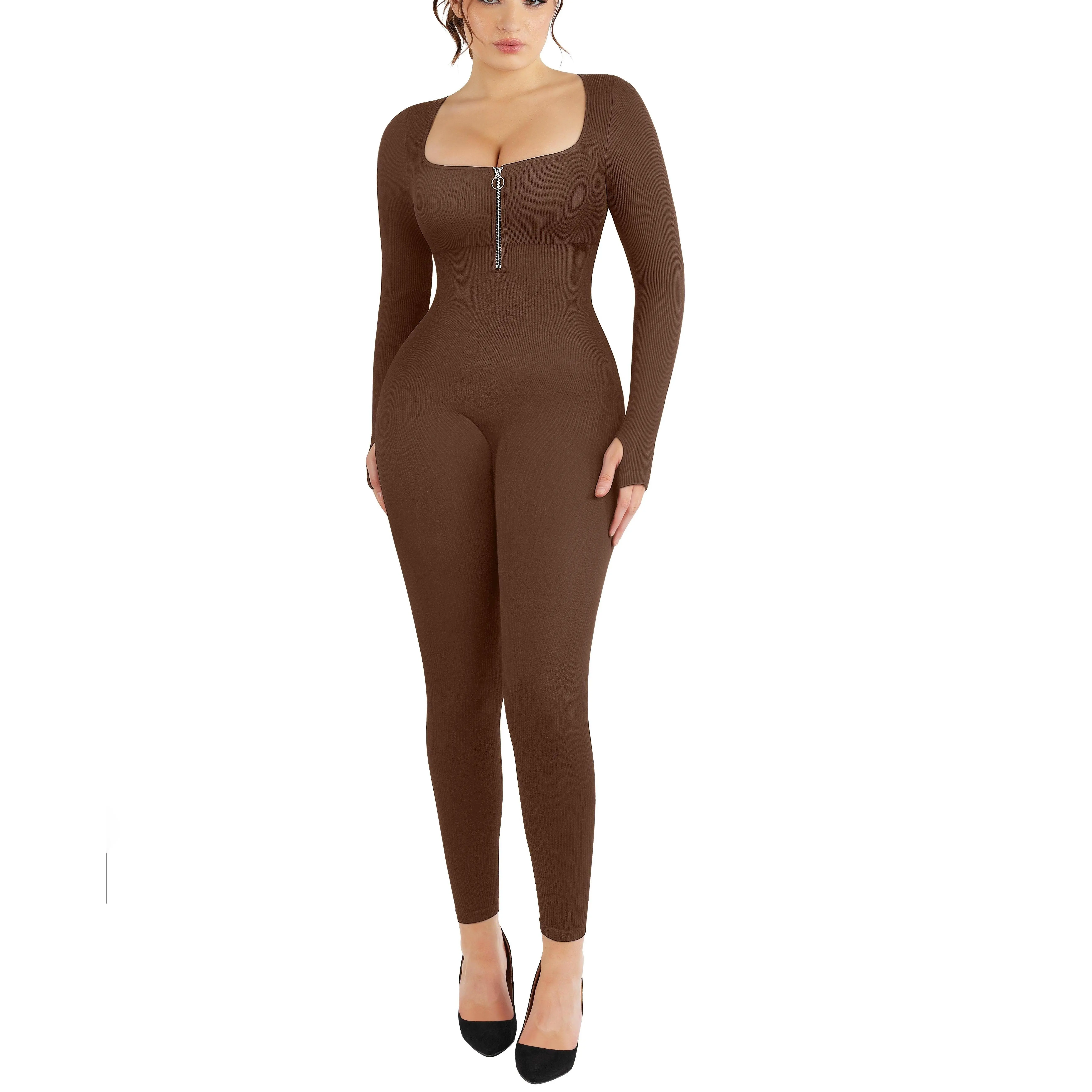 Shapellx One Piece Sports Jumpsuit for Women Long Sleeve Seamless Zipper Yoga Workout Set Womenswear Comfort Fall Winter Spring zipper jumpsuit