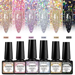 FOURLILY 6pcs Reflective Glitter Gel Nail Polish Set, Colorful Nail Polish Hypoallergenic Sparkling Sequins Diamond Nail Gel Long Lasting, Alcohol-free, Soak Off UV LED, Fashion Gorgeous Nail Art Gift for Women & Girls, Manicure Nail Products