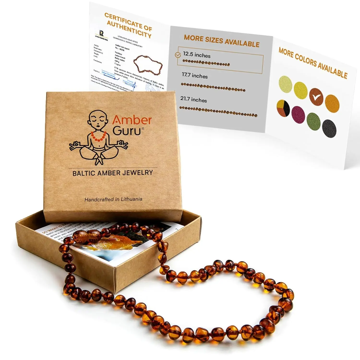 Baltic Amber Necklace (Authentic, Certified) - 12.5 inches - Unisex Jewelry - Cognac (Polished) - Real Amber Beads - Proud to Deliver Genuine Baltic Sea Wonder Handcrafted by Amber Guru