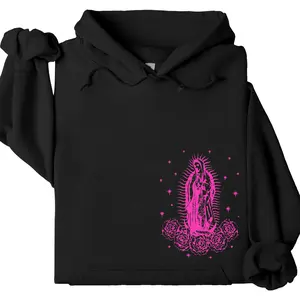Virgen de Guadalupe Pink Hoodie, Virgin Mary Graphic Sweatshirt, Religious Icon Hoodie, Pink Hoodie for Women, Gift for Faith Fans, Unisex Hoodie, Trending Streetwear