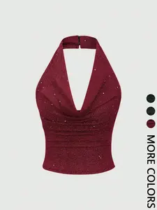 Women's Halter Top Sparkle Glitter Ruched Blouse - Party Outfit Essential,GlamFashion, Shiny