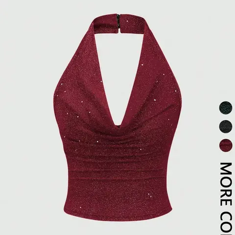 Women's Halter Neckline Top Sleeveless Sparkle Sequins Glitter Shiny Ruched Blouse Camisole - Party Outfit Essential,GlamFashion