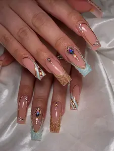 Glam 3D Gem Press On Nails/Handmade Gel Nails In Long Square/Glue On Nails/Summer Blue Nails/Birthday Wedding Vacation Nails/Gift for Her