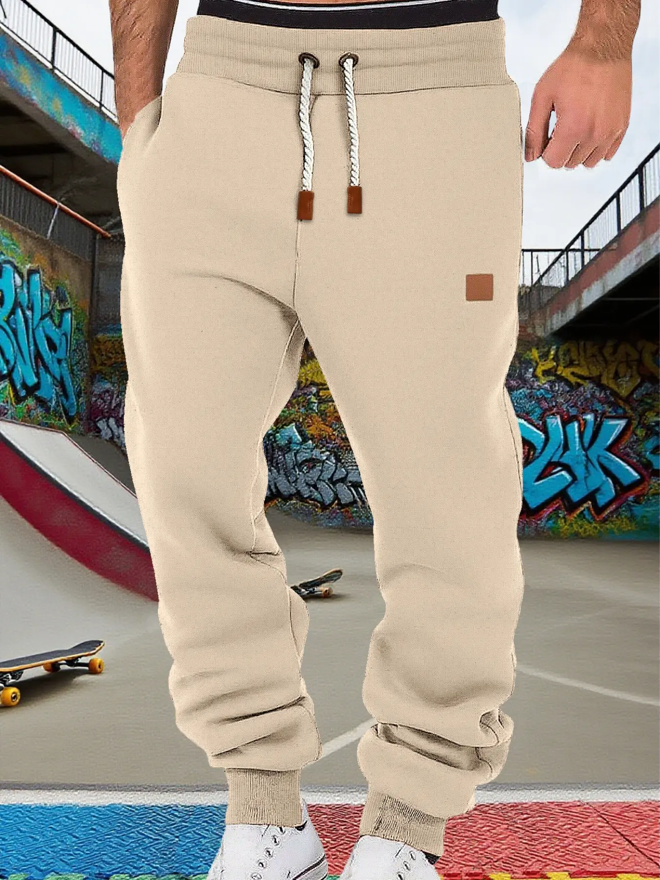 Men's Solid Color Fleece Lined Joggers, Loose Fit Hip-Hop Sports Pants, Casual Sports Trousers, Adjustable Drawstring & Cuffed Sleeves, Soft Warm Fabric