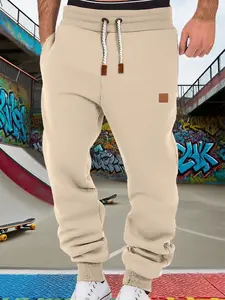 Men's Solid Color Fleece Lined Joggers, Loose Fit Hip-Hop Sports Pants, Adjustable Drawstring & Cuffed Sleeves, Soft Warm Fabric